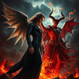 A dramatic showdown between Lucifer and Satan, set in a dark, fiery hellscape