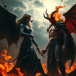 A dramatic showdown between Lucifer and Satan, set in a dark, fiery hellscape
