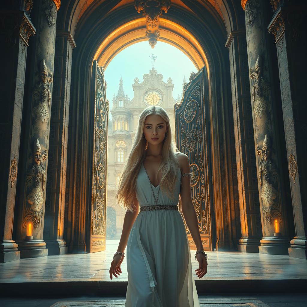 A blonde woman with smooth hair gracefully entering through large, luminous stone doors that lead into a grand military academy, set in a vibrant fantasy world