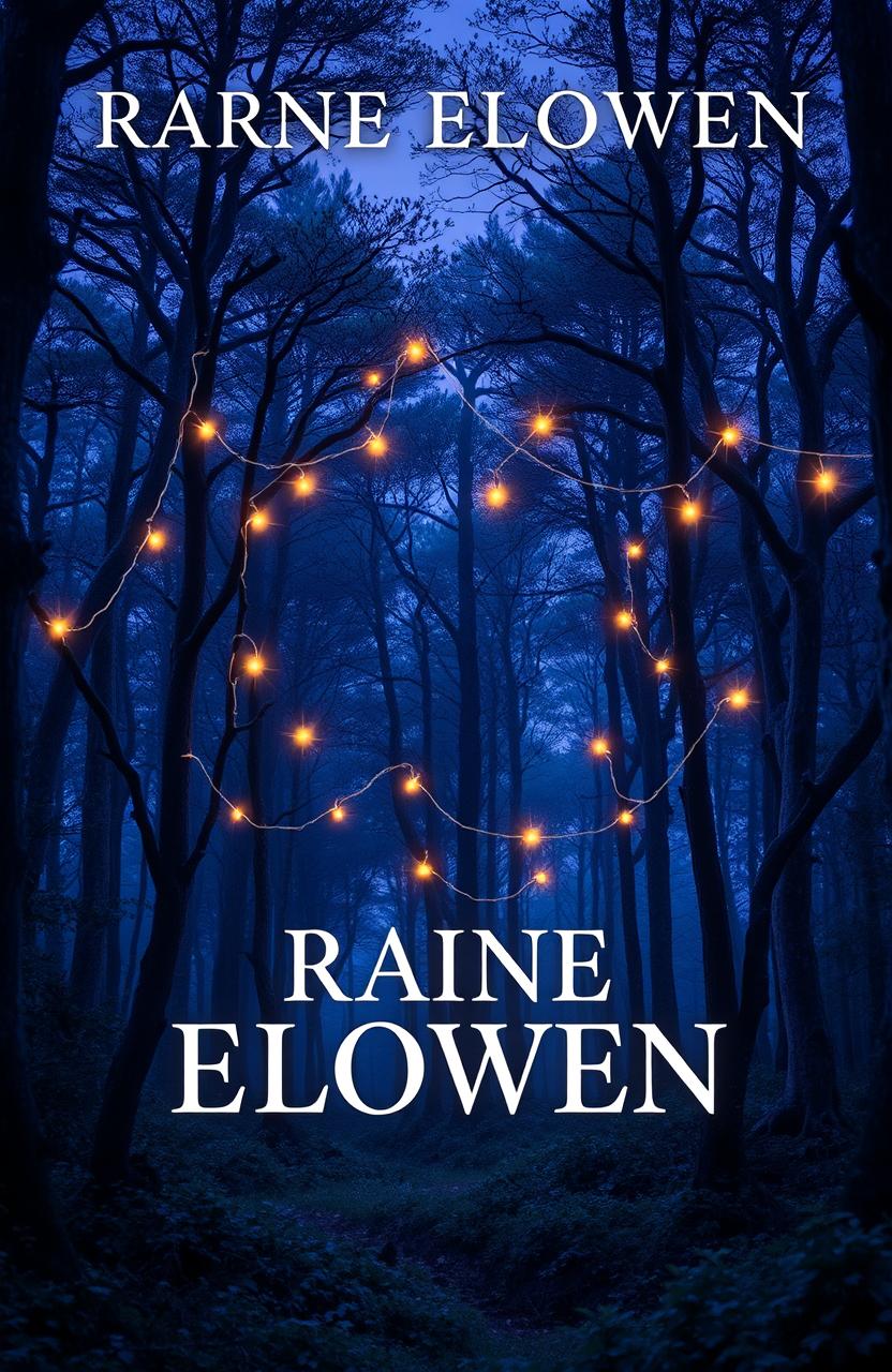 A captivating book cover design featuring a mystical forest at twilight, bathed in shades of deep blue and soft purple