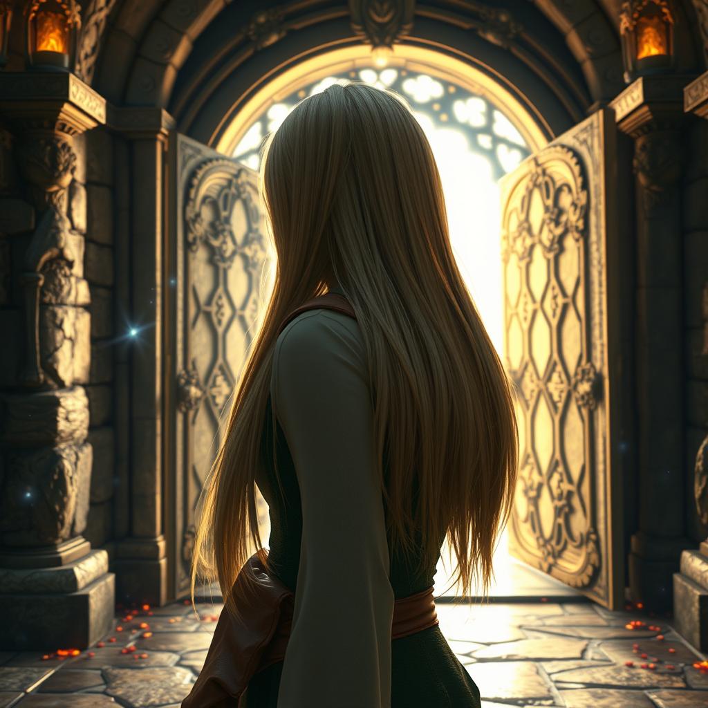 A blonde woman with smooth hair, shown from the side, opening bright stone doors that lead her into a military academy in a fantasy world