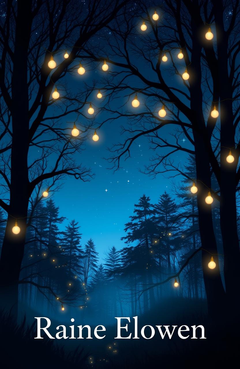 A captivating book cover design featuring a mystical forest at twilight, with trees silhouetted against a deep blue sky, starry night, and soft, glowing fairy lights gently hanging from branches above