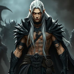 A young male Shadar-kai warlock standing in a serious battle stance, embodying confidence and power