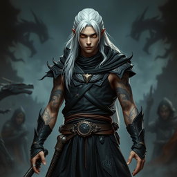 A young male Shadar-kai warlock standing in a serious battle stance, embodying confidence and power