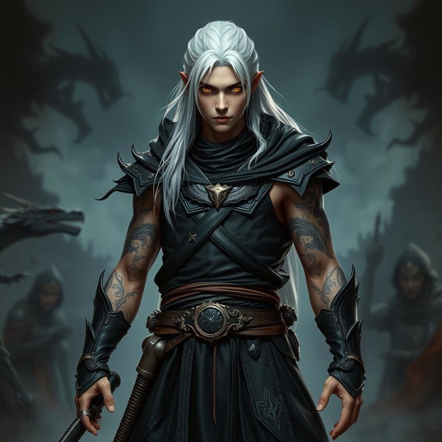 A young male Shadar-kai warlock standing in a serious battle stance, embodying confidence and power