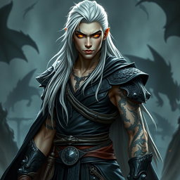 A young male Shadar-kai warlock standing in a serious battle stance, embodying confidence and power