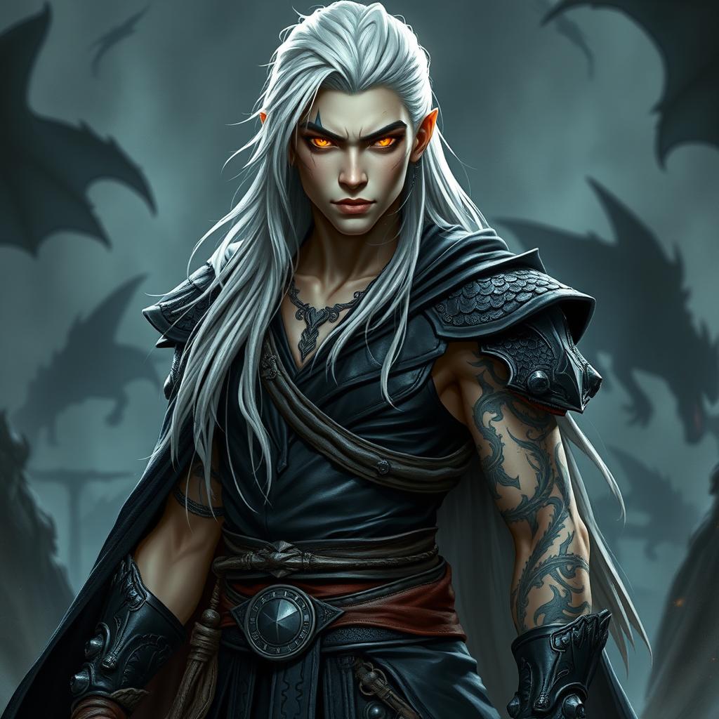 A young male Shadar-kai warlock standing in a serious battle stance, embodying confidence and power