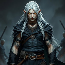 A young male Shadar-kai warlock standing in a serious battle stance, embodying confidence and power