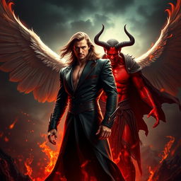 A dramatic showdown between Lucifer and Satan, set in a dark, fiery hellscape