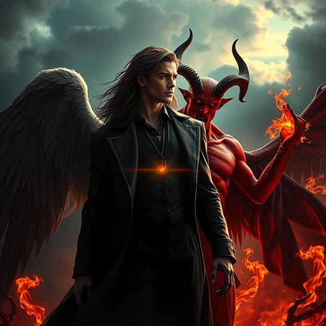 A dramatic showdown between Lucifer and Satan, set in a dark, fiery hellscape