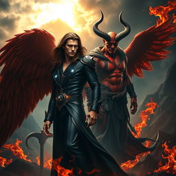 A dramatic showdown between Lucifer and Satan, set in a dark, fiery hellscape