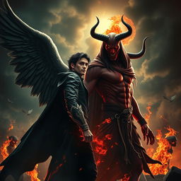 A dramatic showdown between Lucifer and Satan, set in a dark, fiery hellscape