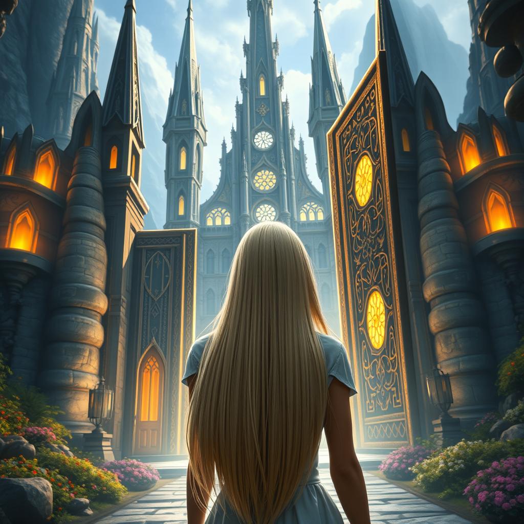 A stunning scene depicting a blonde woman with smooth hair, seen from behind as she elegantly opens large, illuminated stone doors, entering a grand military academy set in a fantasy world