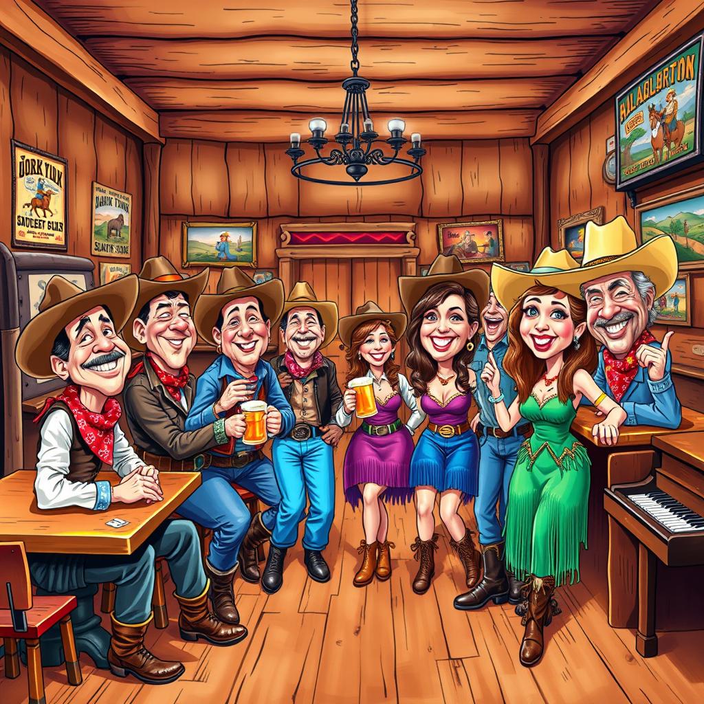A vibrant caricature scene depicting cowboys and cowgirls in an old west saloon