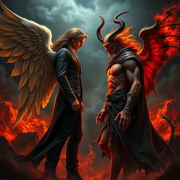 An intense showdown between Lucifer and Satan, set in a dark, fiery hellscape