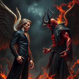 An intense showdown between Lucifer and Satan, set in a dark, fiery hellscape