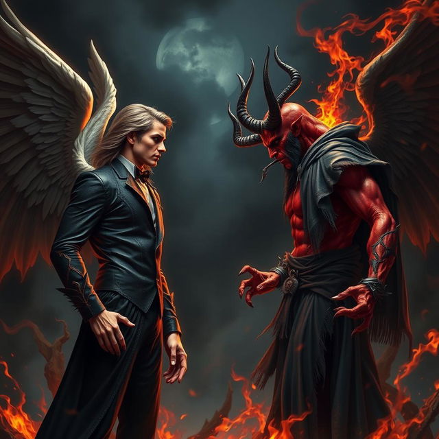 An intense showdown between Lucifer and Satan, set in a dark, fiery hellscape