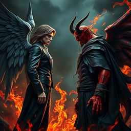 An intense showdown between Lucifer and Satan, set in a dark, fiery hellscape