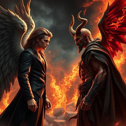 An intense showdown between Lucifer and Satan, set in a dark, fiery hellscape