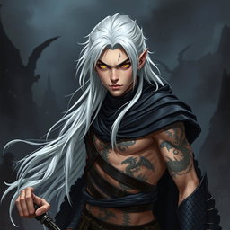 A young male Shadar-kai warlock depicted in a serious battle stance, brimming with determination