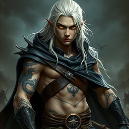 A young male Shadar-kai warlock depicted in a serious battle stance, brimming with determination