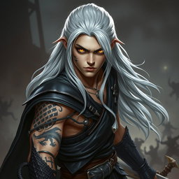 A young male Shadar-kai warlock depicted in a serious battle stance, brimming with determination