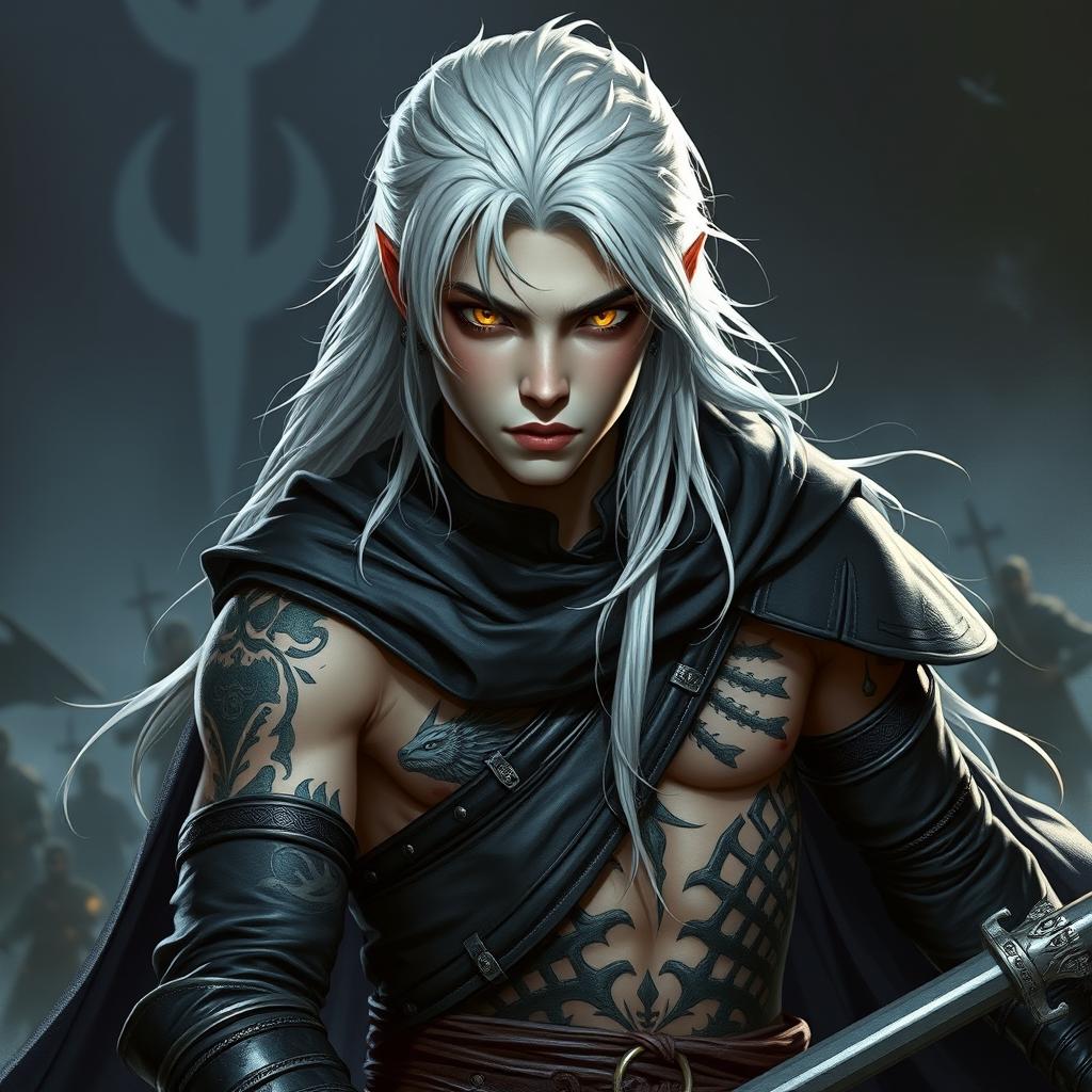 A young male Shadar-kai warlock depicted in a serious battle stance, brimming with determination