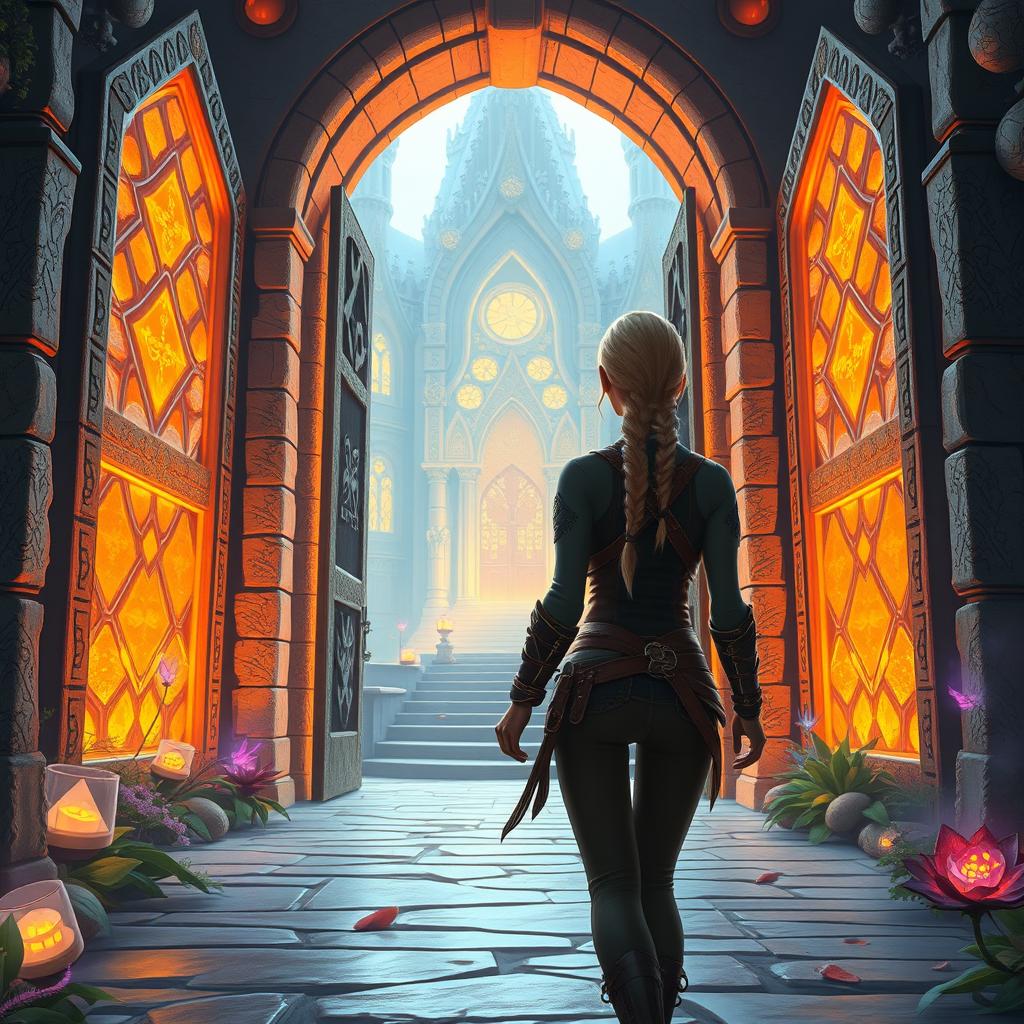 A blonde woman with braided hair walking through large, illuminated stone doors that lead into a fantasy military academy