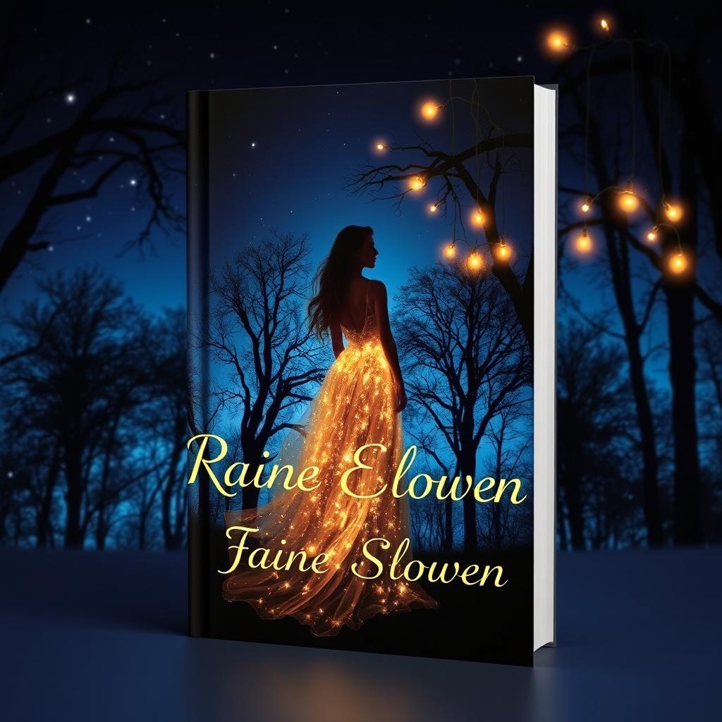 A captivating book cover design featuring the shadow of a woman wearing a long, flowing golden-white dress that sparkles from a distance
