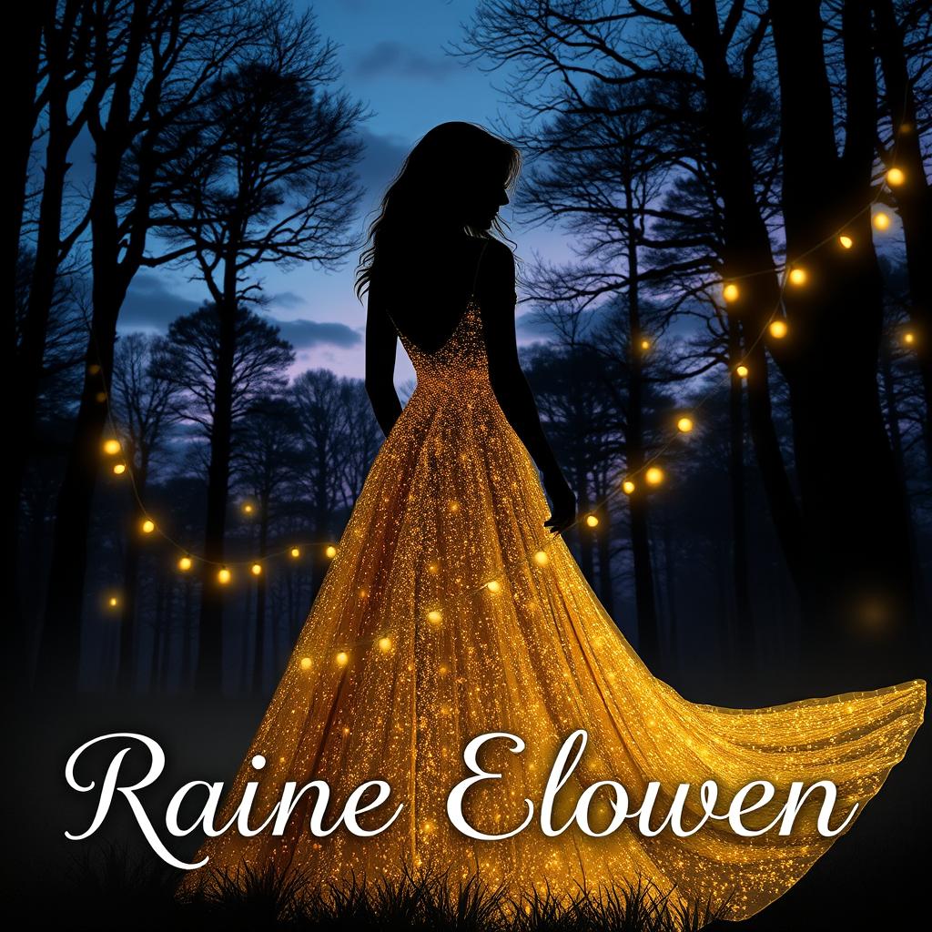 A captivating book cover design featuring the shadow of a woman wearing a long, shimmering golden-white dress that sparkles attractively from a distance