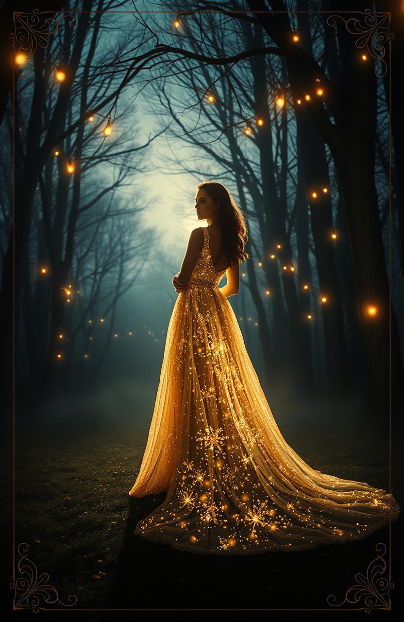 A captivating book cover design featuring the shadow of a woman wearing a stunning long golden white dress that sparkles beautifully from a distance, set against a mystical forest at twilight