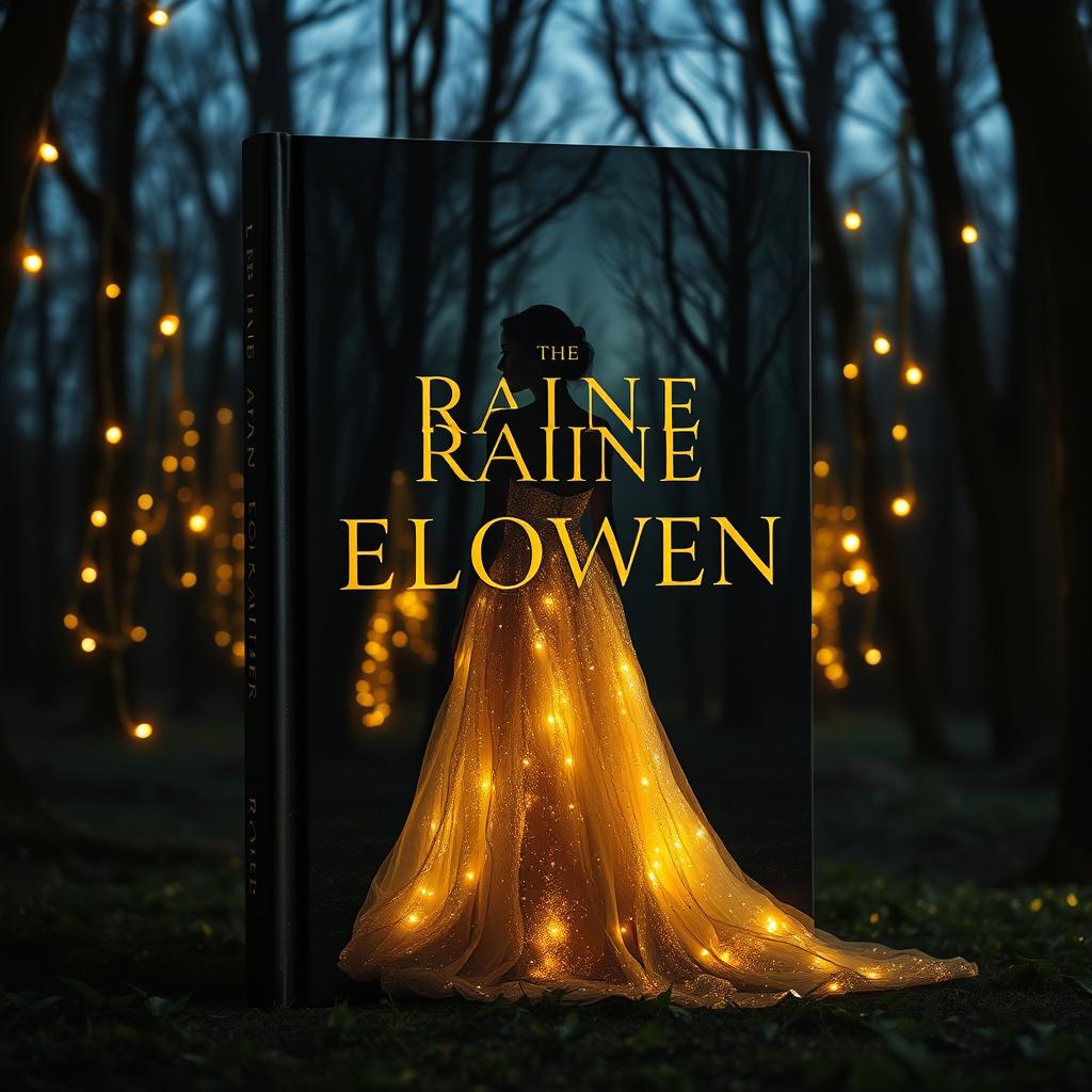 A captivating book cover design featuring the shadow of a woman wearing a beautiful long golden white dress that sparkles from a distance, set in a mystical forest at twilight
