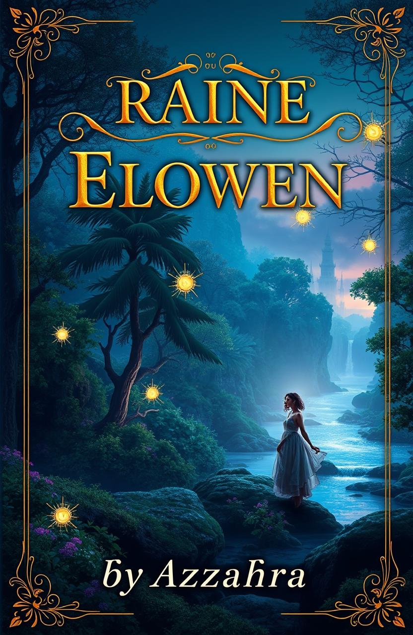 A captivating book cover design for the novel 'RAINE ELOWEN' by Azzahra, featuring a mystical landscape with a lush enchanted forest at twilight, glowing magical orbs hovering above the foliage, and a mysterious figure in a flowing, ethereal gown standing at the edge of a sparkling river
