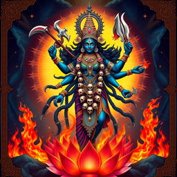 A powerful and vibrant depiction of Mahakali, the fierce form of the goddess Kali in Hindu mythology