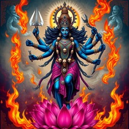 A powerful and vibrant depiction of Mahakali, the fierce form of the goddess Kali in Hindu mythology