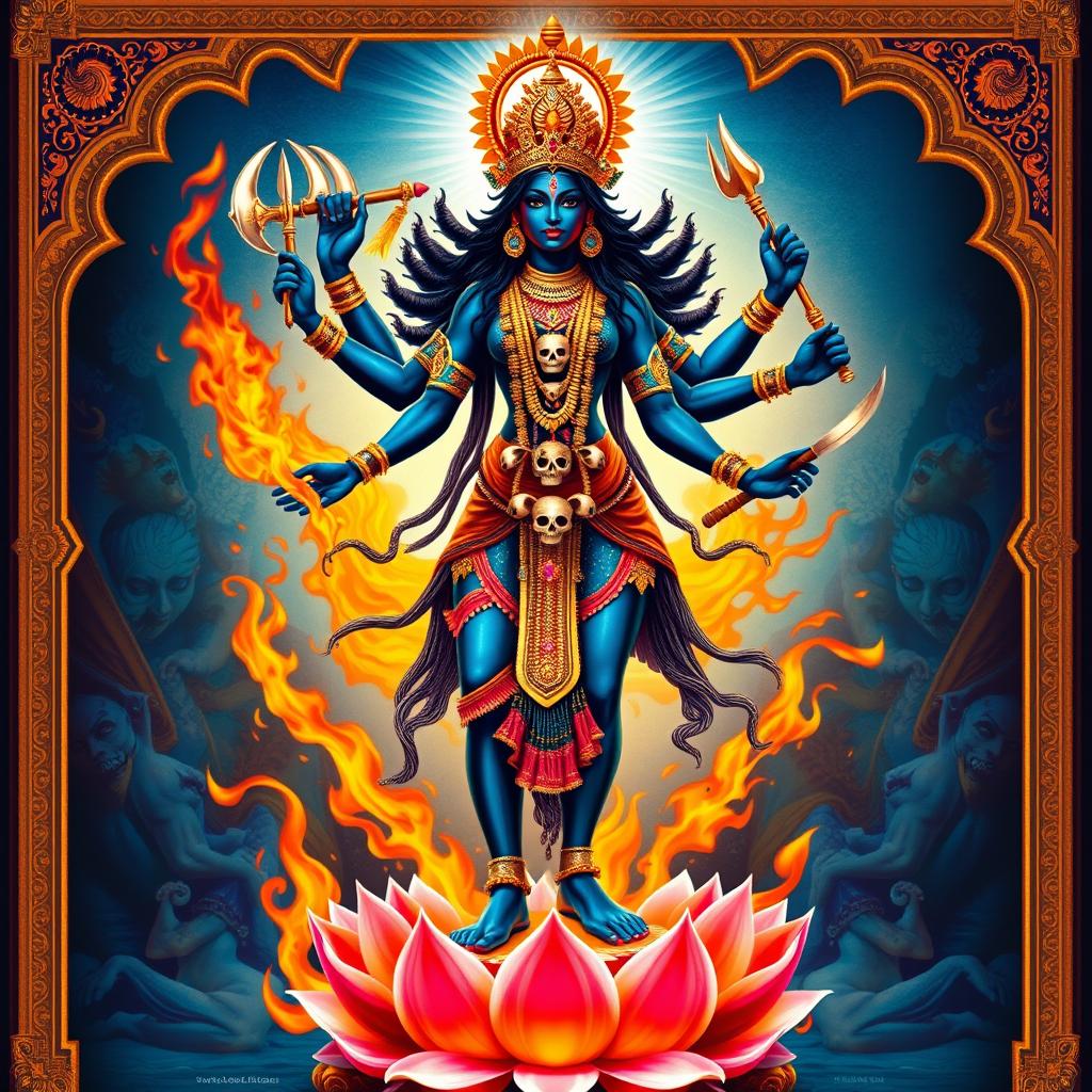 A powerful and vibrant depiction of Mahakali, the fierce form of the goddess Kali in Hindu mythology