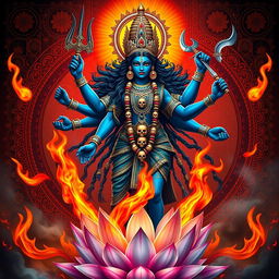 A powerful and vibrant depiction of Mahakali, the fierce form of the goddess Kali in Hindu mythology