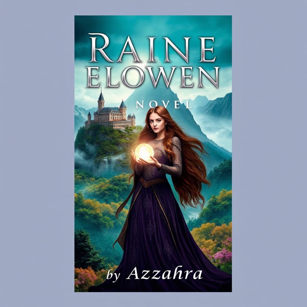 A captivating book cover design for the novel 'RAINE ELOWEN' by Azzahra, showcasing a breathtaking fantasy landscape with an ancient castle perched atop a misty mountain, surrounded by a lush, vibrant forest