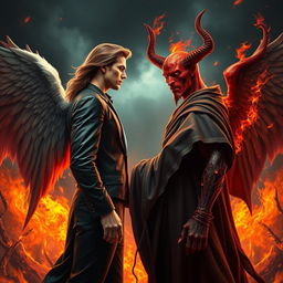 An epic confrontation between Lucifer and Satan, set against a dark and fiery backdrop that conveys a sense of chaos and conflict