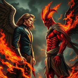 An epic confrontation between Lucifer and Satan, set against a dark and fiery backdrop that conveys a sense of chaos and conflict