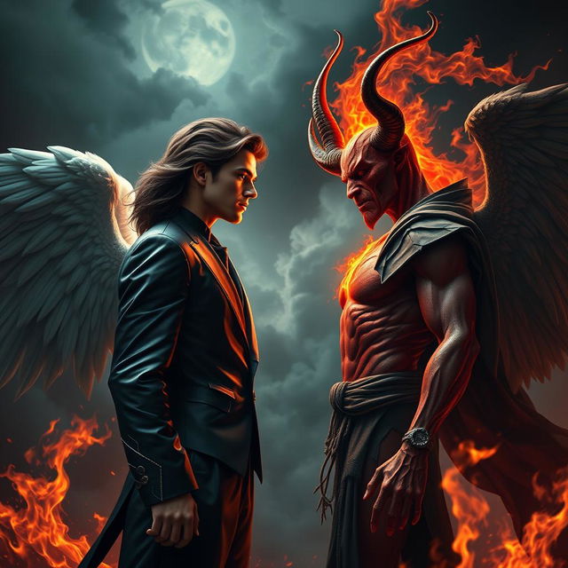 An epic confrontation between Lucifer and Satan, set against a dark and fiery backdrop that conveys a sense of chaos and conflict