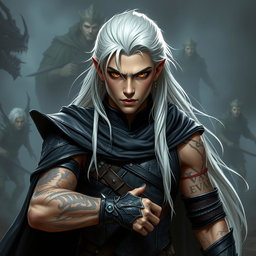 A young male Shadar-kai warlock depicted in a serious battle stance, exuding an aura of confidence and power