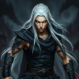 A young male Shadar-kai warlock depicted in a serious battle stance, exuding an aura of confidence and power