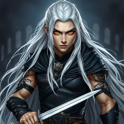 A young male Shadar-kai warlock depicted in a serious battle stance, exuding an aura of confidence and power