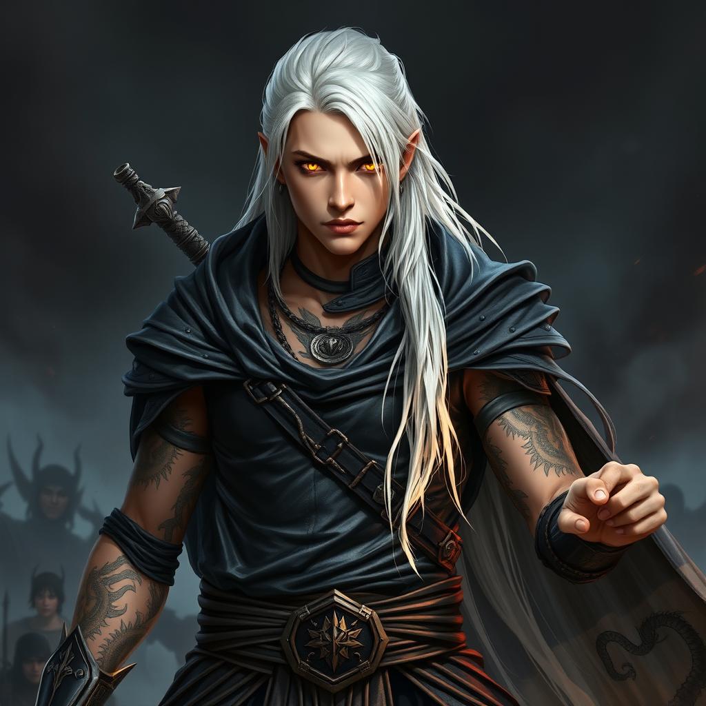 A young male Shadar-kai warlock depicted in a serious battle stance, exuding an aura of confidence and power