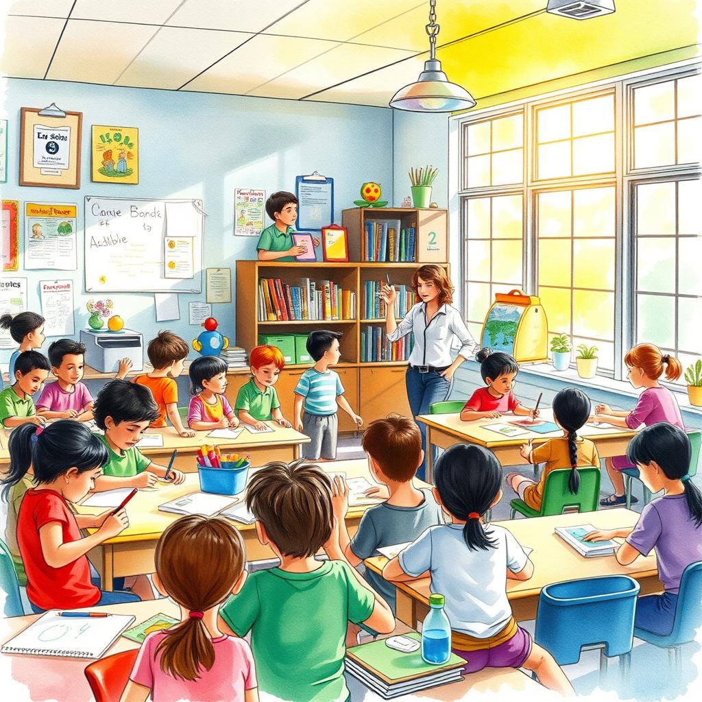 A vibrant and colorful watercolor illustration depicting a creative and engaging classroom setting filled with students of diverse backgrounds, actively participating in various educational activities