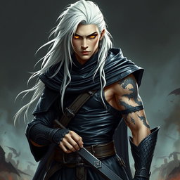 A young male Shadar-kai warlock poised in a serious battle stance, exuding an aura of mystique and power