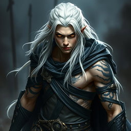 A young male Shadar-kai warlock poised in a serious battle stance, exuding an aura of mystique and power