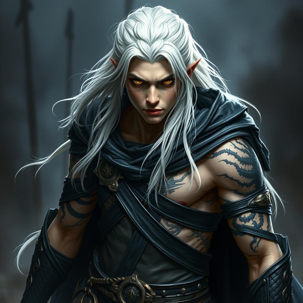 A young male Shadar-kai warlock poised in a serious battle stance, exuding an aura of mystique and power