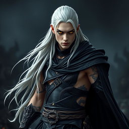 A young male Shadar-kai warlock poised in a serious battle stance, exuding an aura of mystique and power